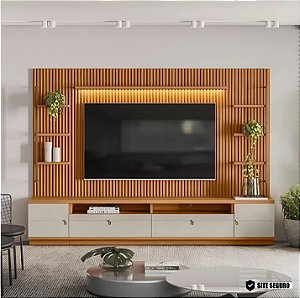 Rack E Painel COM LED 2 Módulos Laterais Ouro Preto Linea Brasil Cor Nature/off White