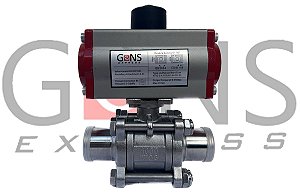 Válvula Esfera Tripartida 304 PTFE Plena 2 Vias Solda Com Atuador Pneumático