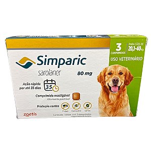 Simparic Sarolaner 80 mg - Cães de 20,1 a 40 Kg - 3 Comprimidos - Proteção Contra Pulgas, Carrapatos e Sarnas