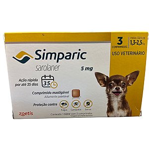 Simparic Sarolaner 5 mg - Cães de 1,3 a 2,5 Kg - 3 Comprimidos - Proteção Contra Pulgas, Carrapatos e Sarnas