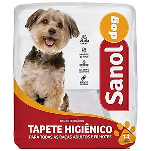 Tapete Higiênico Sanol Dog 60cm x 57cm - 14 unidades - Super Absorvente - Cachorros Adultos e Filhotes - Fita Adesiva Fixação