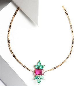 Colar Cristais Verdes e Rosa