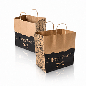 Kit 100 Sacolas Kraft com Alça Torcida 30x31x19cm para Delivery - Happy Food