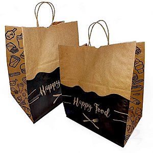 100 Sacolas Kraft Alça Torcida Delivery 30x31x19 (HAPPY FOOD)