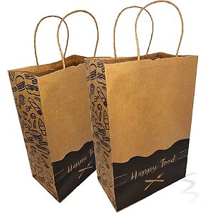 100 Sacolas Kraft Com Alça Delivery Restaurantes 18x28x11 HAPPY FOOD