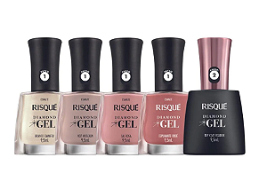 Kit Esmaltes Risqué Diamond Gel Degradê Nude Rosado Gel Top Coat Fixador