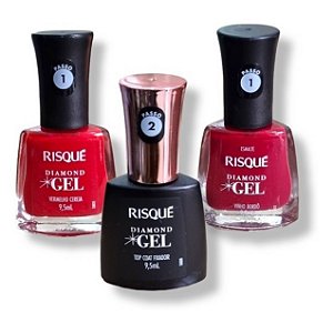 Risque Diamond Gel - Kit com 3 unid (Top Coat Fixador + Vermelho Cereja + Vinho Bordô)