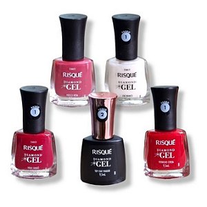 Risque Diamond Gel - Kit com 5 unid (Top Coat + Vermelho Cereja + Branco + Vinho + Hibisco Rosa)