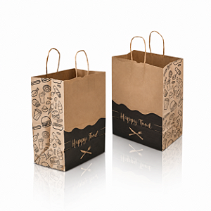 Kit 50 Sacolas Kraft com Alça Torcida 24x30x14cm para Delivery - Happy Food