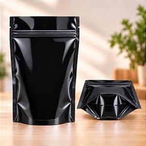 Kit 100 Sacos Stand Up Pouch Preto Metalizado 1100ml 17x23,5x8cm com Zíper