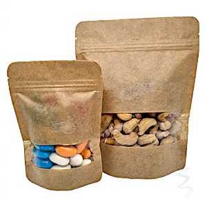 Kit 100 Sacos Stand Up Pouch Kraft 250 ml (10x19 cm) com Janela Transparente e Zíper
