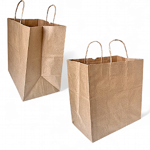 Kit com 25 Sacolas de Papel Kraft 30x31x19 cm com Alça Torcida - Grandes para Delivery de Lanches e Refeições