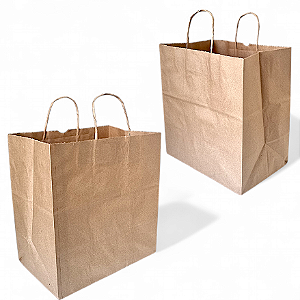 Kit com 250 Sacolas de Papel Kraft 30x31x19 cm com Alça Torcida - Grandes para Delivery de Lanches e Refeições