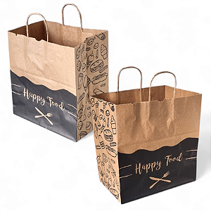 Kit com 250 Sacolas de Papel Kraft 30x31x19 cm com Alça Torcida Happy Food - Delivery de Lanches e Refeições
