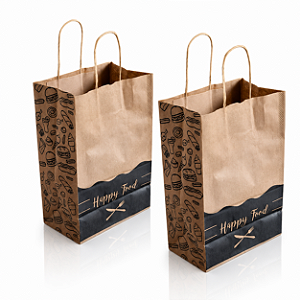 Kit 50 Sacolas Kraft 18x28x11 Alça Torcida 'Happy Food' - Perfeitas para Delivery de Lanches e Refeições