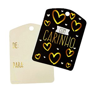 TAG Decorativa Com Carinho Preto e Dourado - Pacote com 10 unidades