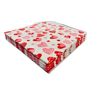 Guardanapo Estampado 25cm Coracões em Fundo Branco - Pacote com 20 unidades
