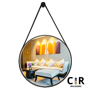 Espelho Redondo 40cm C/ Alça Couro Ecológico + Suporte fixação
