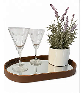 Bandeja Espelhada Oval Decoração Luxo c/ Couro