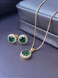 CONJUNTO ESMERALDA CRAVEJADA BANHADO A OURO 18K