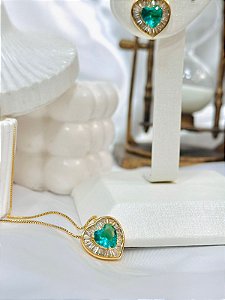 CONJUNTO COLAR E BRINCO CORAÇÃO PEDRA TURMALINA ZIRCÔNIA NAVETE BANHADO A OURO 18K