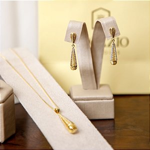 CONJUNTO BRINCO E COLAR GOTA CRAVEJADA BANHADO A OURO 18K