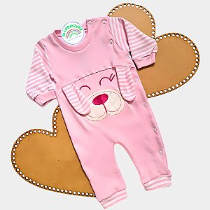 Macacão Bebê Bordado Cachorrinho 100% Algodão Rosa
