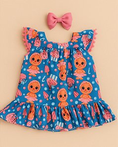 Vestido Infantil com Pompom Nas Mangas Bonequinhas 2 a 3 anos