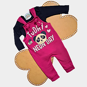 Jardineira com Body Manga Longa  Pandinha