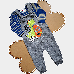 Jardineira com Body Manga Longa Dinossauro