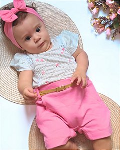 Macacão Bebê Menina Bordado Flowers ( acompanha cinto)