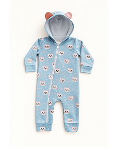 Macacão em Moletom Flanelado Gatinha com Capuz e Orelhinha Azul