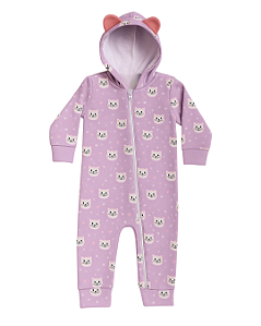 Macacão em Moletom Flanelado Gatinha com Capuz e Orelhinha Lilás