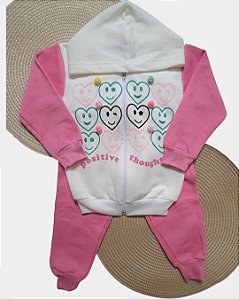 Conjunto Infantil Moletom Peluciado com Capuz Corações Rosa