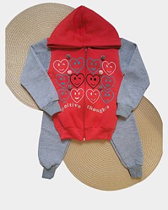 Conjunto Infantil Moletom Peluciado com Capuz Corações Vermelho