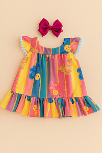 Vestido Infantil Gola Quadrada Com Pompom Nas Mangas Borboletas