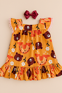 Vestido Infantil Com Pompom Nas Mangas Ursinhos 4 a 5 anos