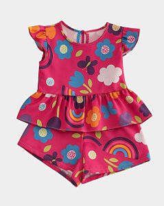 Conjunto Infantil Menina Batinha e Shorts Flores Rosa
