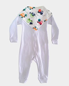 Macacão Bebê Linha Premium 100% Algodão Branco com Bandana (Carrinho)