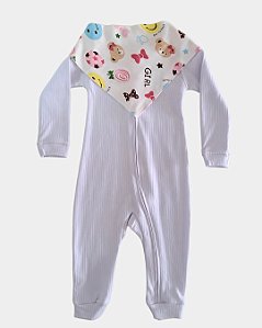 Macacão Bebê 100% Algodão Branco com Bandana (Ursinha)