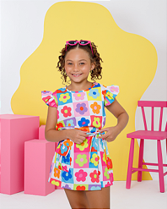 Conjunto Infantil Meninas Shorts Saia Meninas Flores