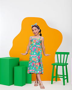 Vestido Infantil Menina Festa Na Floresta Verde (Acompanha Tiara com Laço)