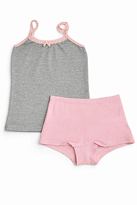 Conjunto Camisete e Calcinha Boxer Meninas em Algodão Cinza e Rosa 12 a 16 Anos