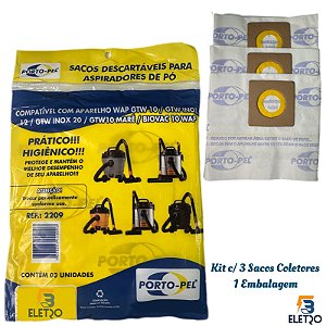 Kit C/3 Filtro Saco Papel Aspirador de Pó Wap GTW 10/ GTW INOX12/ GTW INOX20/ GTWMARÉ/ BIOVAC 10 WAP