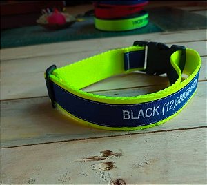 Coleira de identificação Bordada Premium- amarelo neon com marinho