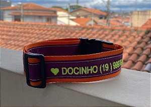 Coleira de identificação Bordada Premium- laranja com roxo