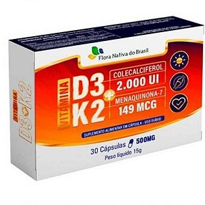 VITAMINAS D3 + K2 (2000UI D3 E 149MCG K2) - FLORA NATIVA 30 CAPSULAS