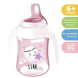 COPO ANTIVAZAMENTO LOLLY BICO DE SILICONE TIPO STAR COM ALÇAS 250ML +6 MESES ROSA REF. 7197-00 F