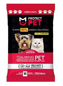 TOALHA UMEDECIDA CAES E GATOS SACHE 15 UND. 20X14CM CX/24 - PROTECT PET