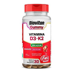 GUMMY VIT D3 + VIT K2 BIOVITON - SABOR MORANGO - 2,5GR - 30 GOMAS MASTIGAVEIS - UNILIFE